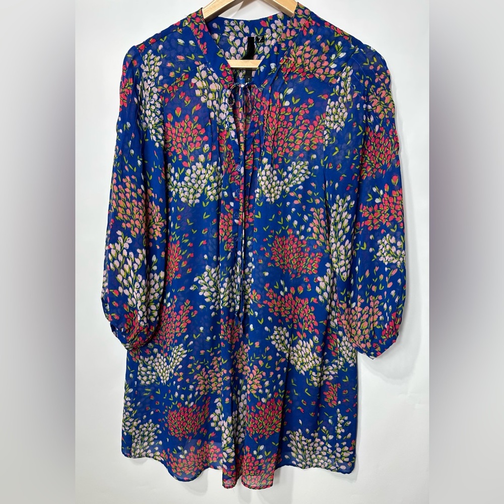 Bellatrix Blue Floral shift  Chiffon long sleeve mini dress size Large